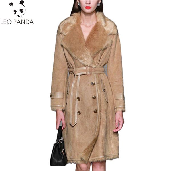 

new fashion spring autumn thicken double-breasted adjustable waist turn-down collar pockets coat female leather fur coat cy466, Black