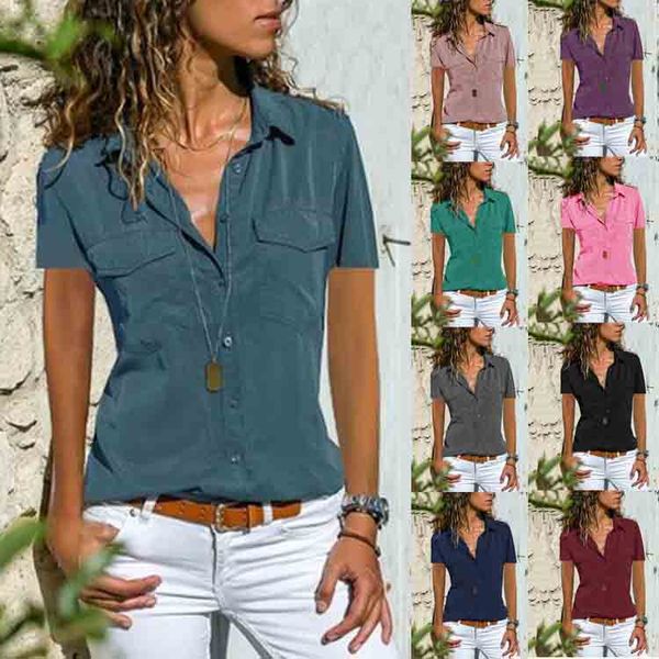 

women blouse shirts lapel neck short sleeve pockets solid casual plus size s- 5xl european american summer fashion, White