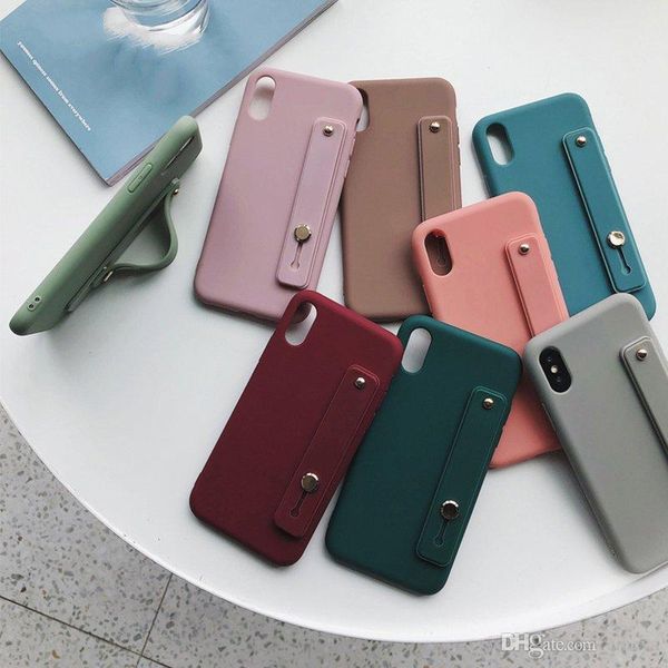 

new simple matte candy wrist strap hand band silicone case for iphone 11 pro 6 6s 7 8 plus x xr xs max back phone stand ring protect cover