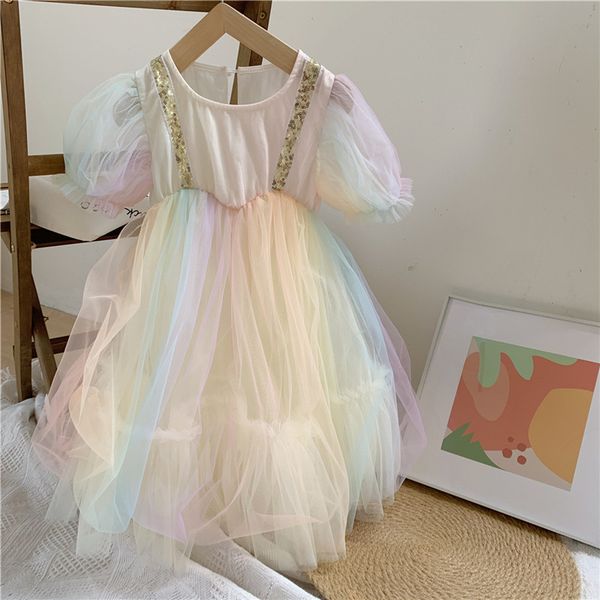 

beautiful rainbow tutu dress girl summer layed tutu dresses puff sleeve birthday party dress kids girl gift knee rainbow, Red;yellow