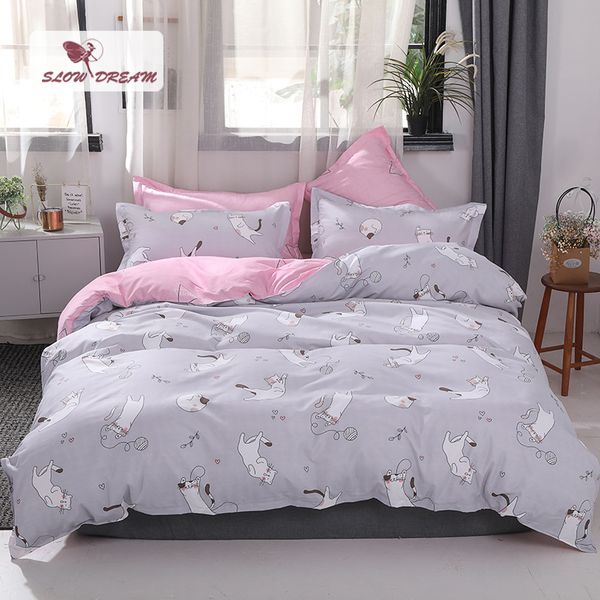 

slowdream cartoon cat bedding set duvet cover flat sheet pillowcase bed linen set home decor gray bedspread bedclothes