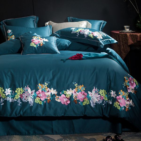 4 Queen King Size Green Luxury Bedding Set Oriental Embroidery Bed