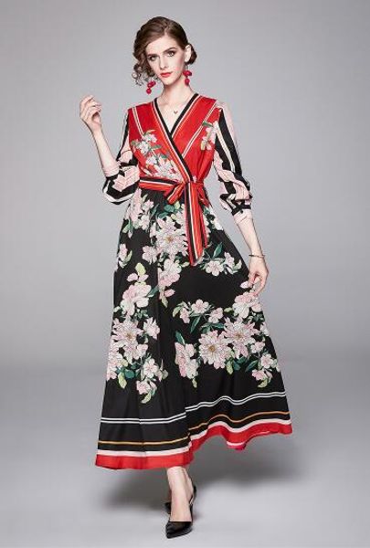 

spring women's v-neck vertical bar retro printing long sleeve large swing skirt show thin holiday dress, Black;gray