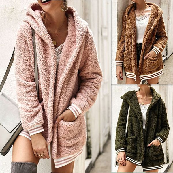 

women 2019 autumn faux fur fluffy fleece front open coat jacket big pockets hooded oversized casual warm overcoat, Black;brown