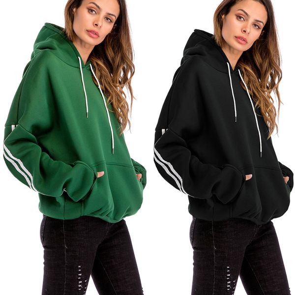 

women hoodies sweatshirts plus size casual solid hooded blouse loose striped pocket sweatshirt long sleeve hooded hoodies, Black