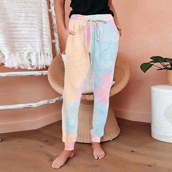 

tie-dye print casual sport pants women elastic waist mid waist full length jogger pants with pockets 2020 fashion sweatpants #a, Black;white
