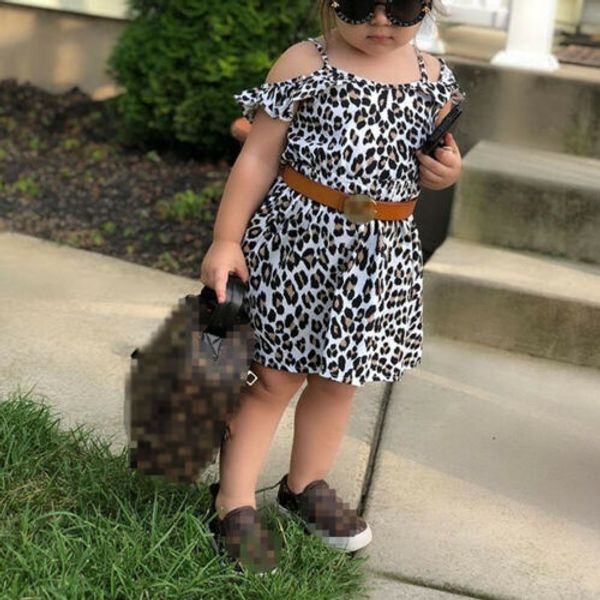 

2020 лето младенца одежда 1-6y мода младенец ребёнка платье пояс leopard печать плечо до колен длины линия платья 1-6y, Red;yellow