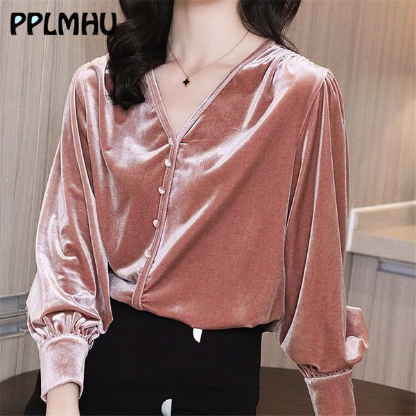 

pink velvet shirt spring ladies v-neck lantern long sleeve new fashion elegant blouses summer women casual plus size, White