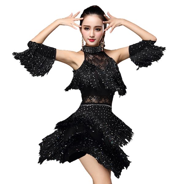 

brand women competition dance clothes sequins costume set fringe salsa dresses latin ballroom dance dress embroidery, Black;red