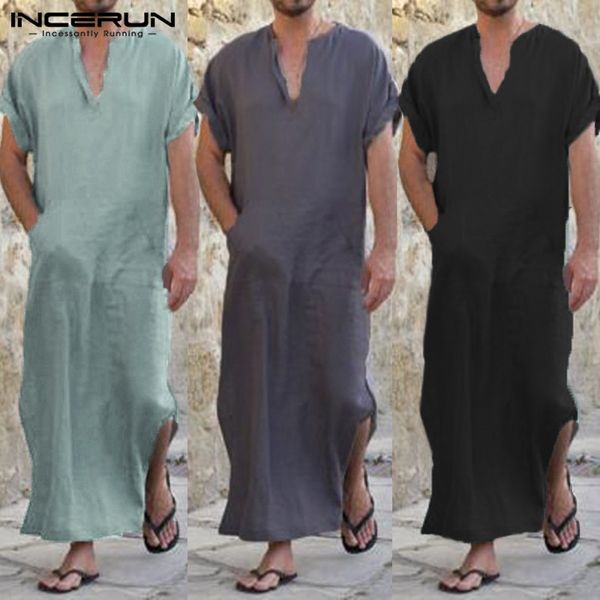 

incerun robes men islamic arab muslim kaftan cotton short sleeve jubba thobe vintage dubai saudi arabia thobes kaftan plus size, Red