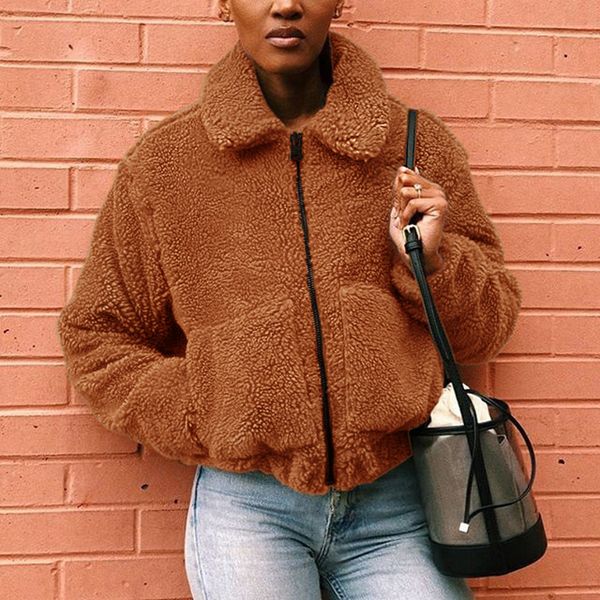 

women coat jacket autumn winter warm jacket fashion female new lapel neck loose fur jackets women overcoat outerwear, Black;brown