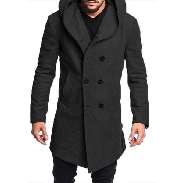 

fashion men hooded long sleeve winter warm wool coat parka hooded collar trench outwear overcoat long jacket peacoat top, Black