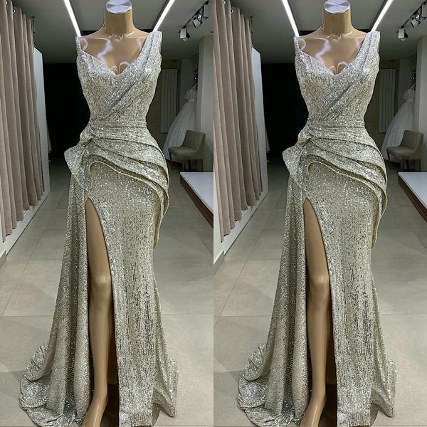 

bling bling sequined evening dresses thigh high slit robe de soiree v neck ruched prom gowns long party dress, Black;red