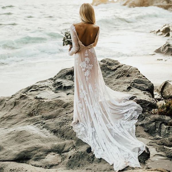 

Nude Lining Long Sleeves Wedding Dresses 2019 Sexy Backless Boho Beach Bridal Gowns Lace Appliques robe de soiree