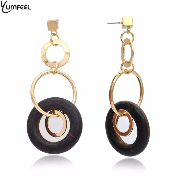

yumfeel brand new fashion jewelry earrings wood metal circle long drop earrings for women pendientes, Golden