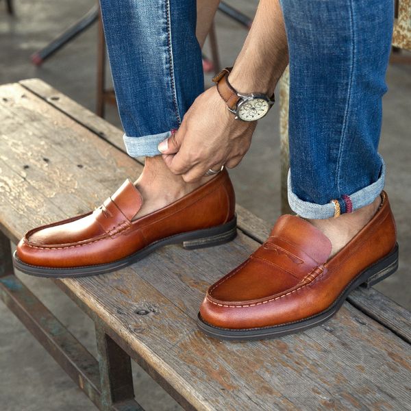 

genuine leather men loafers handmade slip-on mens shoes full grain leather man flats footwear dress shoes, Black