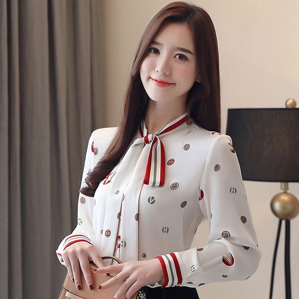 

2019 spring blouse women fashion chiffon white blouse slim elegant bow shirts polka dot long sleeve button shirt blusa