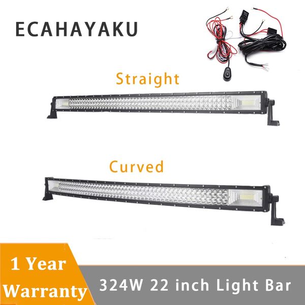

ecahayaku 22 inch 324w led light bar +1x 2m wiring harness straight curved work light fit 4x4 truck atv suv trailer car off road