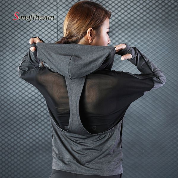 

spring autumn dry quick gym running jackets loose breathable hooded sport coats women's fitness yoga long sleeve zipper jackets, Black;red