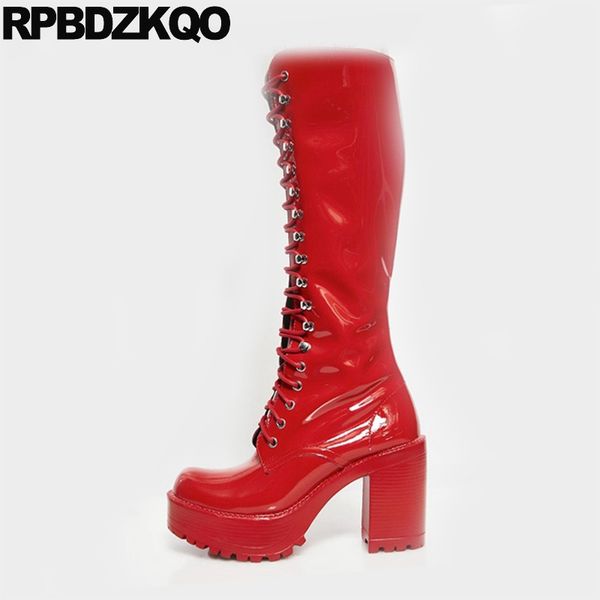 

trend plus size waterproof shoes women lace up high heel patent leather big 10 red white platform boots luxury knee chunky sexy, Black