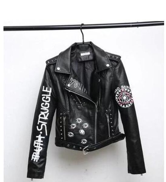 

2019 new spring and autumn rivets letters motorcycle leather short fashion hip-hop jacket women's leather jackets coats female, Black