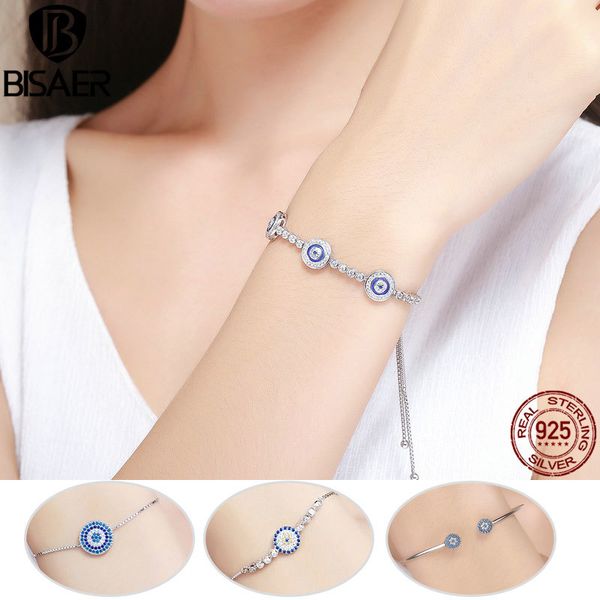 

pulseira bisaer 925 sterling silver lucky blue eye god's eye women tennis bracelets femme fashion sterling silver jewelry ecb002, Golden;silver
