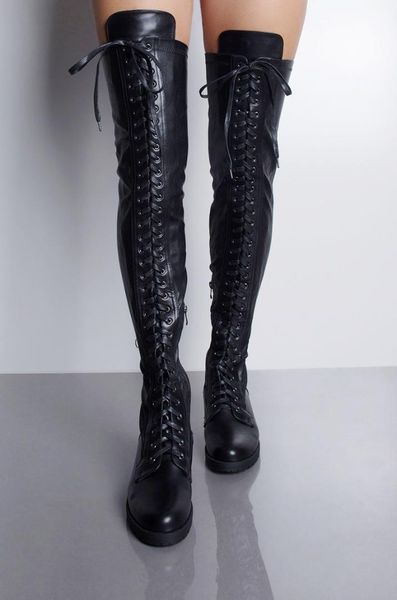 

black leather high boots lace up low heel women thigh high boots over the knee casual women's shoes stretch 39