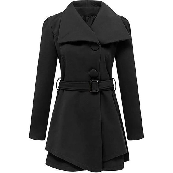 

korean style cape coat with belt winter women wool vintage cotton solid turn-down collar single breasted slim parka office lady, Black