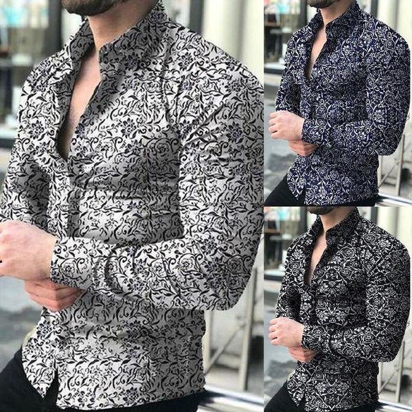 

camisa manga larga hombre spring autumn business men fashion floral print long sleeve shirt plaid shirt men, White;black
