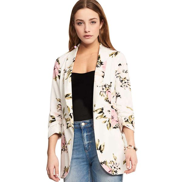 

women elegant long sleeve lapel floral print slim blazer thin jacket coat ladies casual solid color front open cardigan outwe, White;black