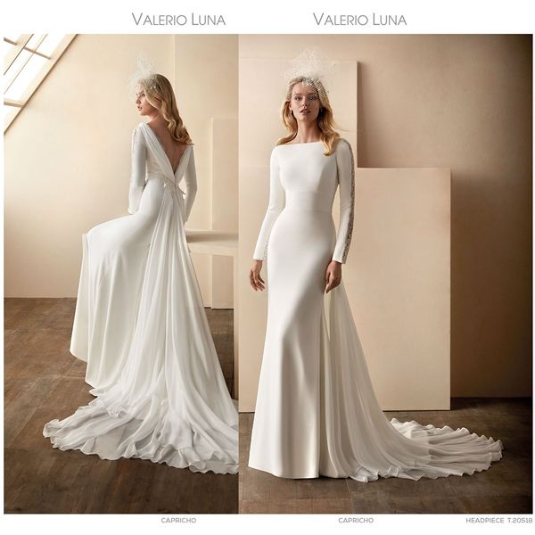 

elegant valerio luna mermaid wedding dresses jewel long sleeve backless lace applique wedding gown sweep train robe de mariÃ©e, White