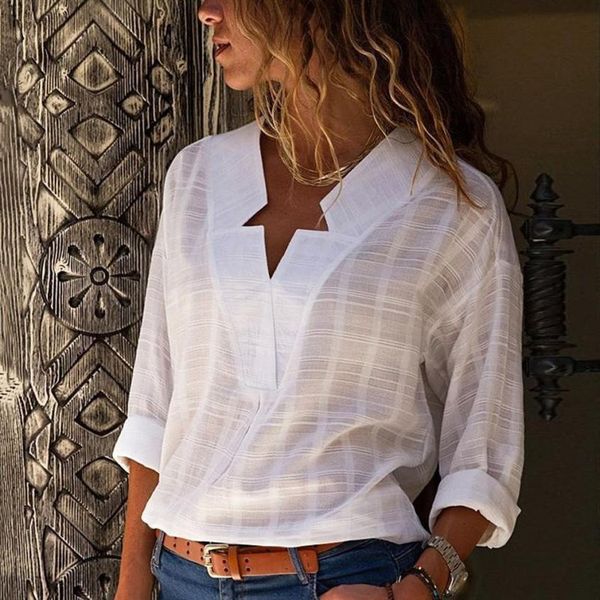 

new fashion women star v-neck blouse shirt long sleeve female tee cotton linen blusas feminine blouses, White