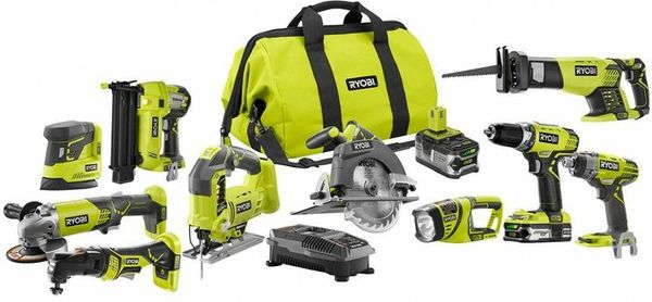 

New ryobi 18 volt combo power tool et cordle 10 piece battery charger bag green