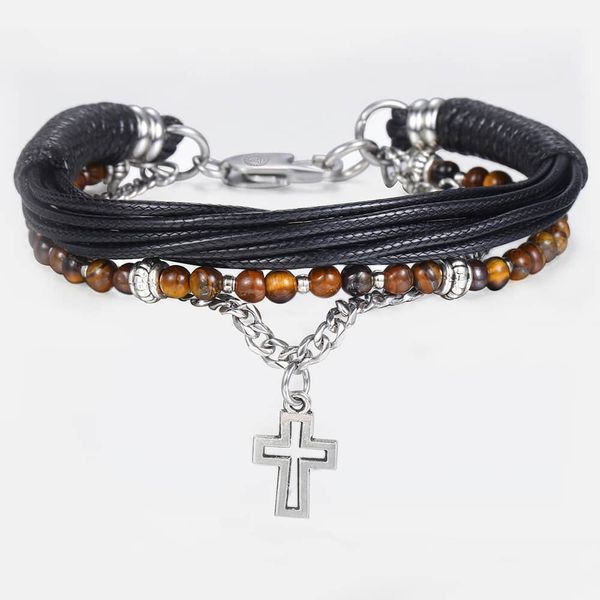 

trendsmax natural tiger eye stone beaded bracelet for men boy women stainless steel cross charm leather bracelet jewelry 8 dlb71, Black