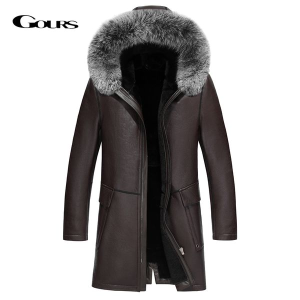 

gours winter genuine leather jackets men fashion black real shearling sheepskin long coat with natural fur hooded new jf1805
