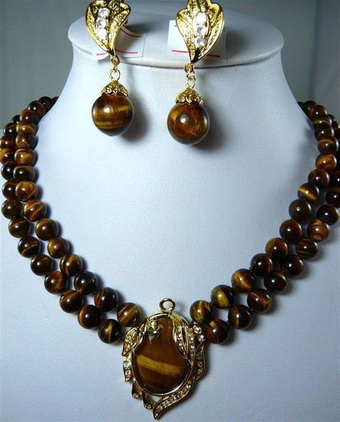 

new style *** 2 row 8mm natural tiger eye stone necklace pendant clip earrings set fashion wedding party jewellery, Silver