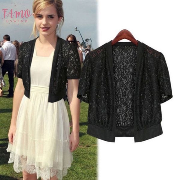 

summer women shawl pashmina lace floral slim short open stitch ladies shirt short blouse hot, White