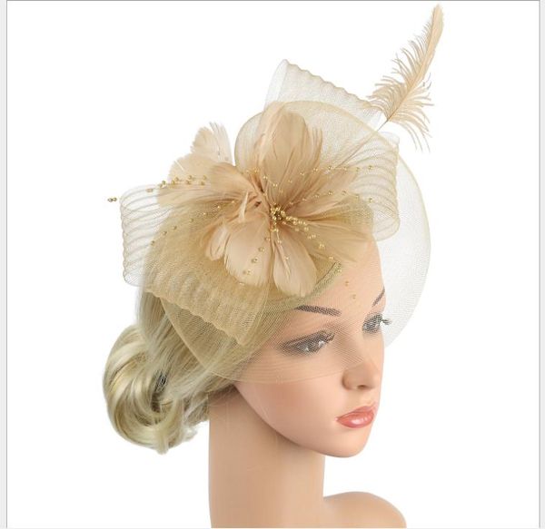

european and american bride's wedding headdress fashion feather flower banquet party hat mesh hairband, Silver
