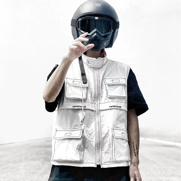 

hip hop vest mens multi pocket tactical vests brand cargo waistcoats streetwear sleeveless jackets male dg149, Black;white