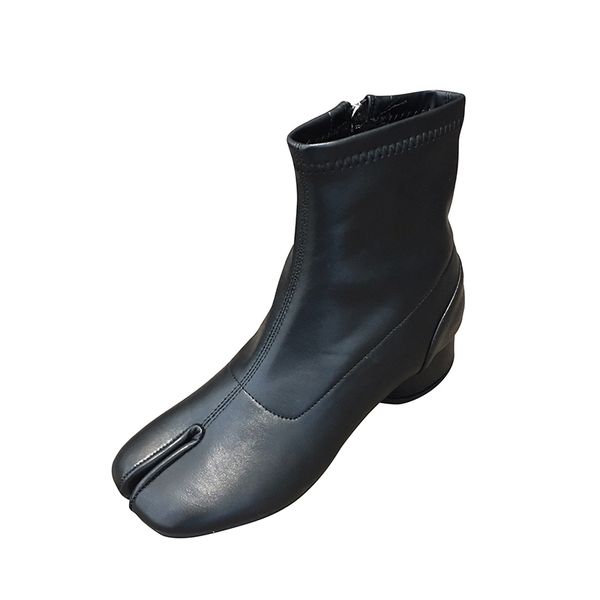 

women split toe ankle leather boots low heel ninja zip booties woman round heel lady shoes female short boots, Black