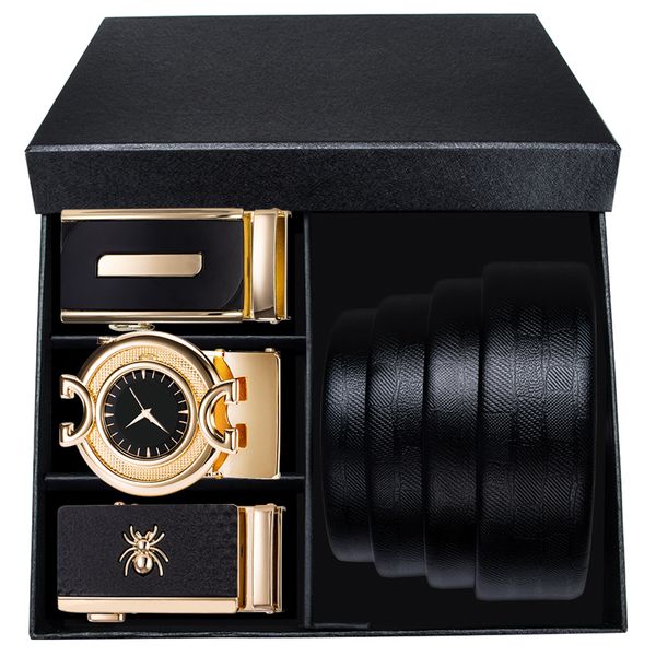 

hi-tie business style cowskin genuine leather belt for men automatic buckle brand belt and gift box luxury men's black belt, Black;brown