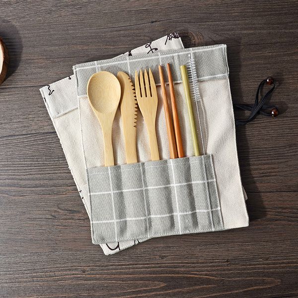 

7pcs/set portable cutlery set with bag outdoor travel bamboo flatware set knife chopsticks fork spoon dinnerware sets kitchen tableware sets