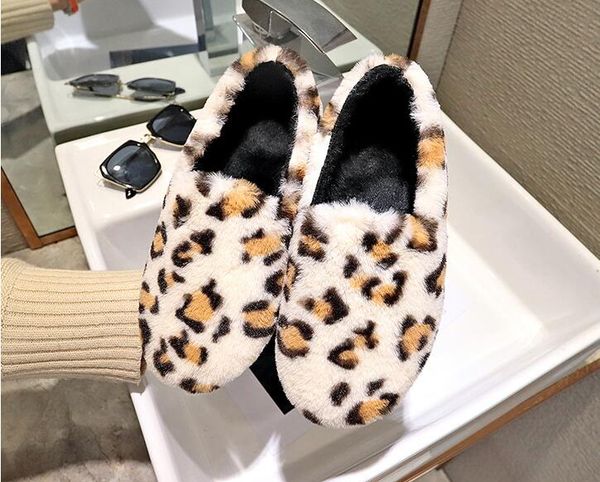 

2020 fur shoes women's low round head flat leopard plus velvet cotton shoes winter home wear size 35-40, Black