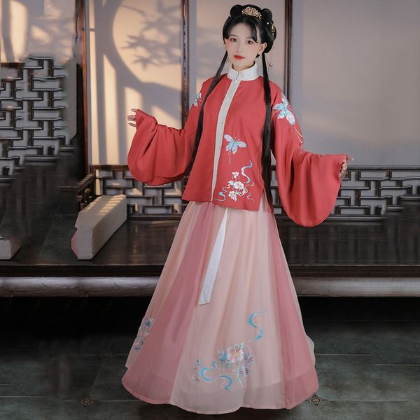 

stage wear 2021 hanfu chinese folk dance costume fairy pink skirt ancient women's clothing cos festival outfit bl3826, Black;red