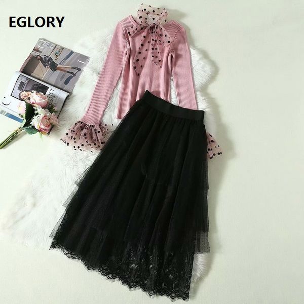 

новый корейский мода одежда наборы 2019 осень кружева юбка набор женщин горошек лоскутное трикотажные пуловеры + черный кружева сексуальные, White
