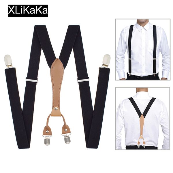 

xlikaka men black suspenders belt with leather polyester elastic clip-on y shape braces, Black;white