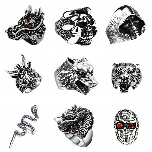 

fan vintage wolf tiger dragon skull gothic rings for men fashion boho antique punk rings male jewelry anillos mujer, Golden;silver