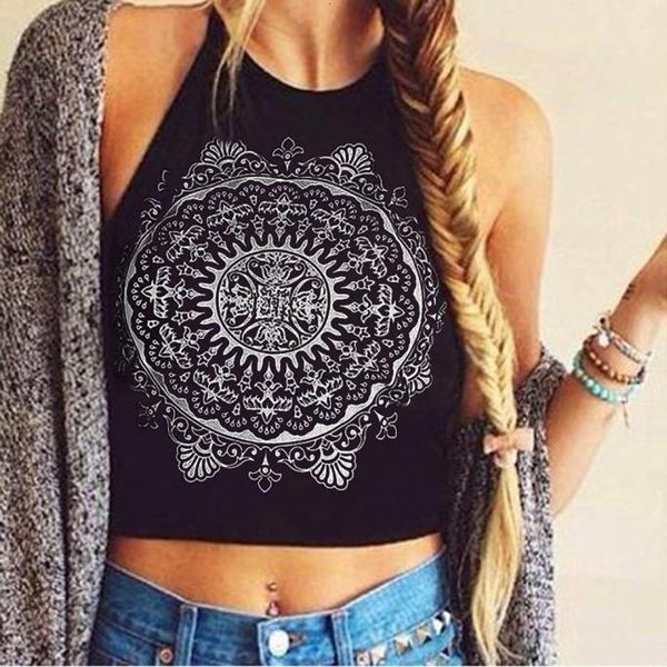 

crop white cami white black women backless cropped mandala printed sleeveless halter neck tank vest t shirt