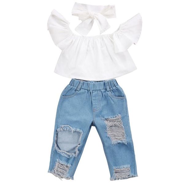 

3pcs set cute baby girls new fashion children girls clothes off shoulder crop white+ hole denim pant jean headband 3pcs toddler set