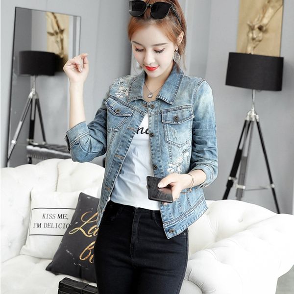 

2019 autumn fashion female jeans jacket long sleeve turn down collar floral embroidery women denim jackets ladies slim coats wlp, Black;brown